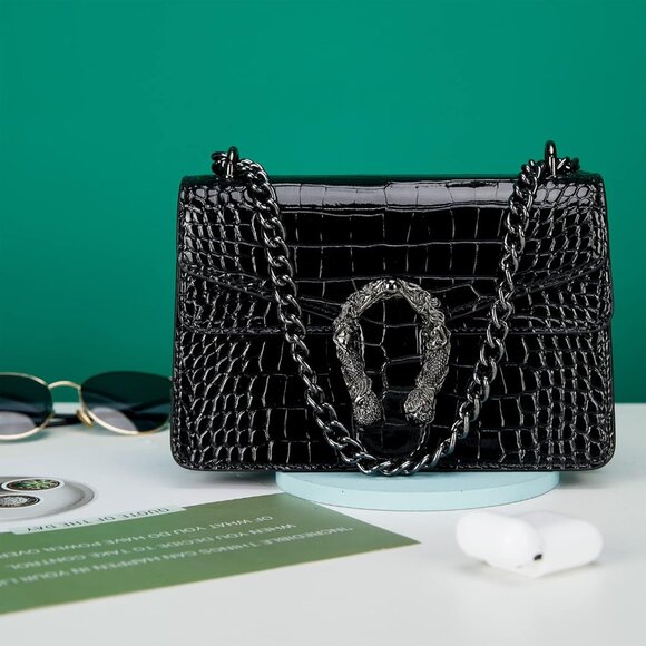 ⚡ Women's Black Snake Vegan Leather Print Casual Satchel Crossbody Handbag - Picture 2 of 7